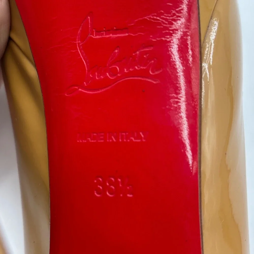 Christian Louboutin Lady Peep 150 Patent Leather Platform Pumps Tan Camel 38.5